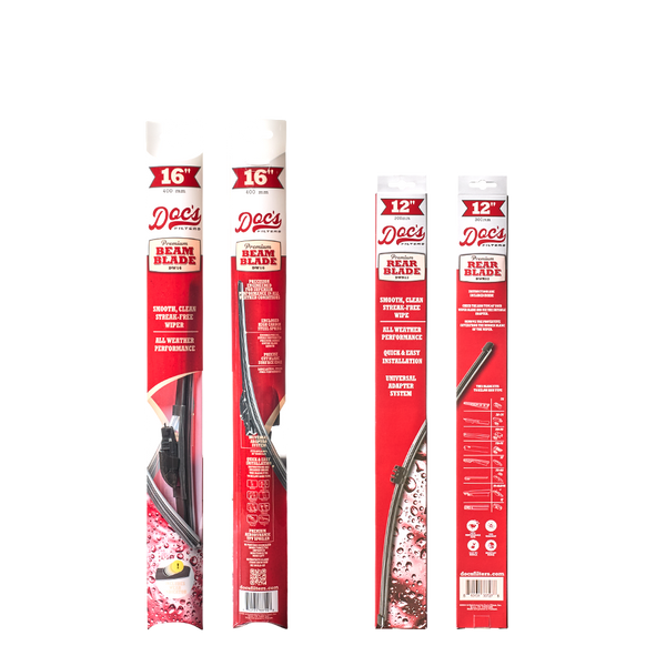 Doc's Diesel Premium Beam Wiper Blades Front 16" + 16" and Rear 12" packaging