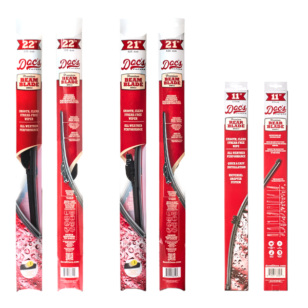 Doc's Diesel Premium Beam Wiper Blades Front 22" + 21" and Rear 11" packaging